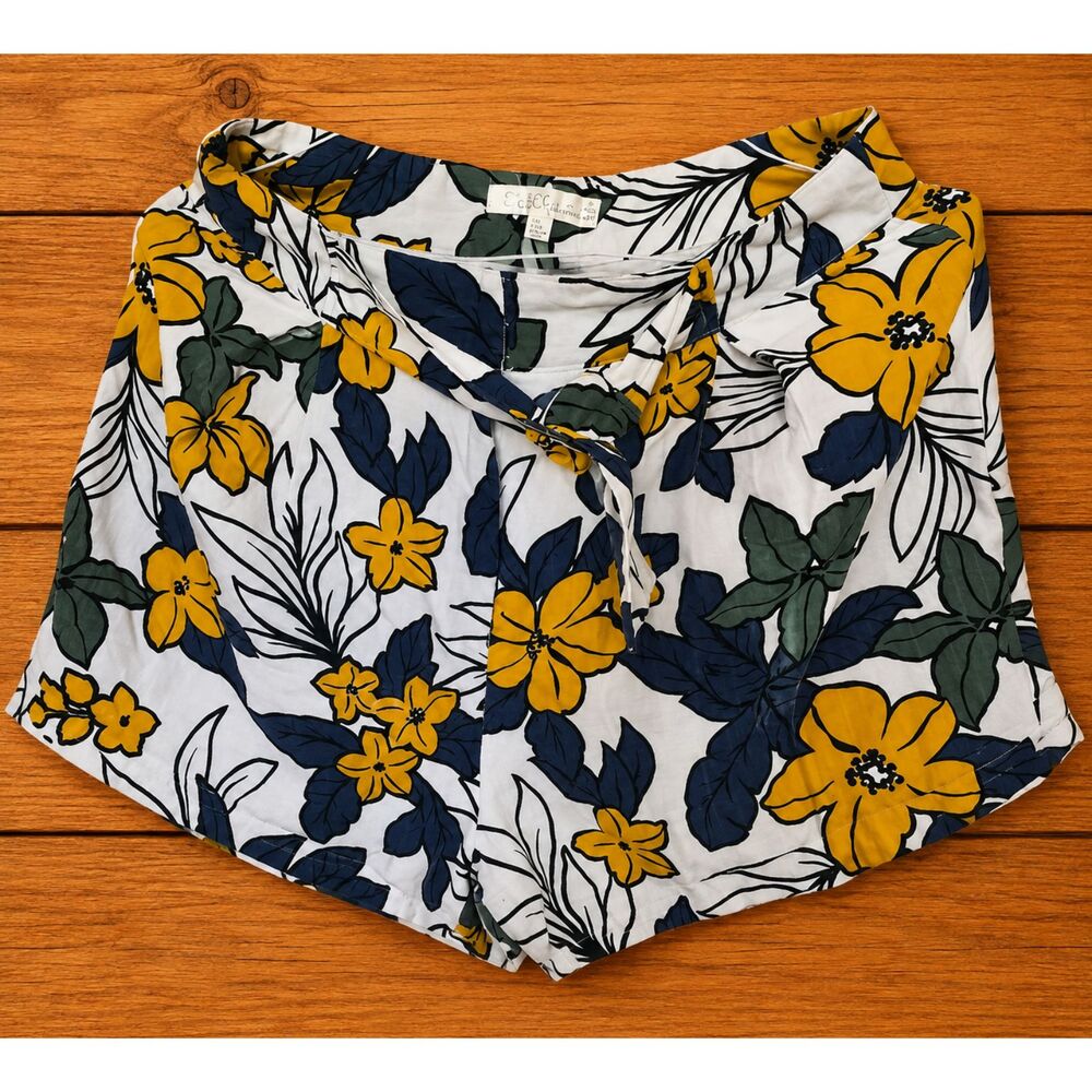 JOA Los Angeles Yellow Navy Floral High Waisted Belted Shorts Large L